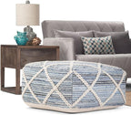 SIMPLIHOME Cowan Boho Square Pouf in Blue, Natural Handloom Woven for the Living Room, Bedroom and Kids Room