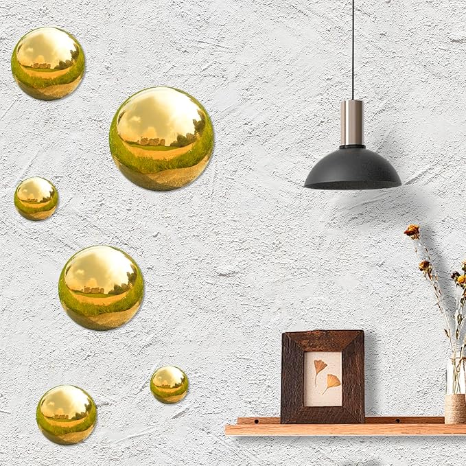 Nerien Gazing Ball, Stainless Steel Garden Mirror Globe, Polished Ornament Sphere, Hollow Floating Reflective Hemisphere, for Home Outdoor Pond Housewarming Swimming Pool Decoration, Gold, 6Pcs Mix