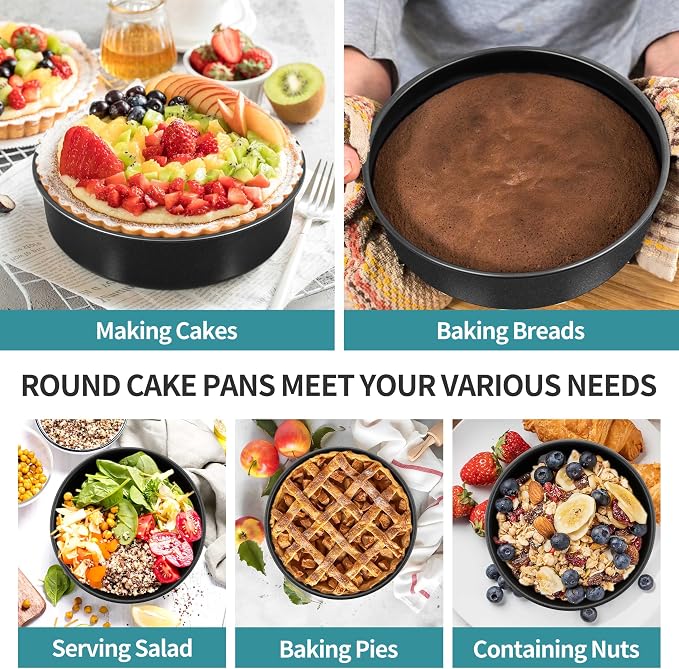 P&P CHEF 4/6 / 8 Inch Cake Pan Set of 3, Non-Stick Round Cake Pans | Round Cake Tins for Tier Smash Cakes, Baking Pans Set & Essential Bakeware, Stainless Steel Core & Leak-Proof