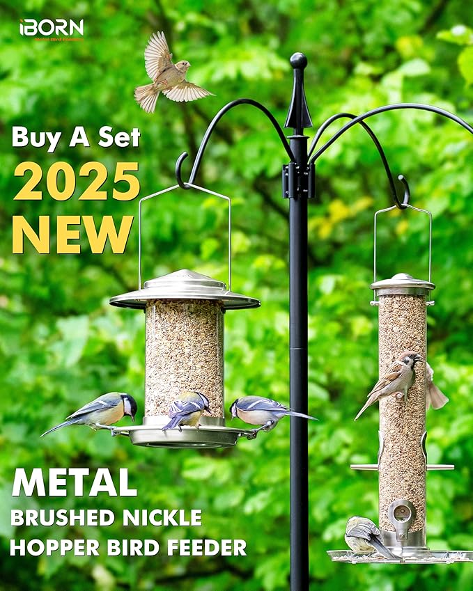 iBorn Metal Bird Feeders for Outdoors,Easy Clean Bird Seed Feeder,Hanging Bird Feeder for Seeds with Gift Box,3-Second Refill Bird Feeder,Nickle 6 Port (Seed is not Included)
