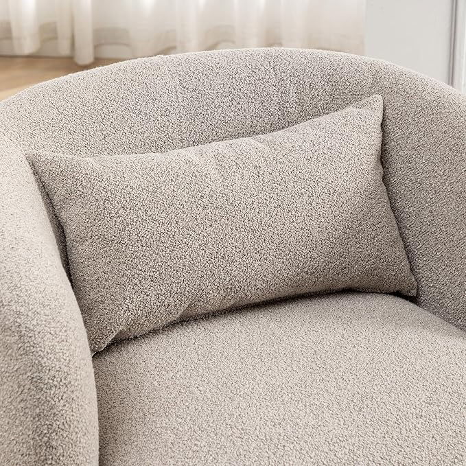 KINWELL 34" Wide Boucle Swivel Barrel Chairs Set of 2, No Assembly Round Upholstered Armchairs Accent Chairs Single Sofa Chair with Toss Pillow for Living Room and Bedroom, Taupe