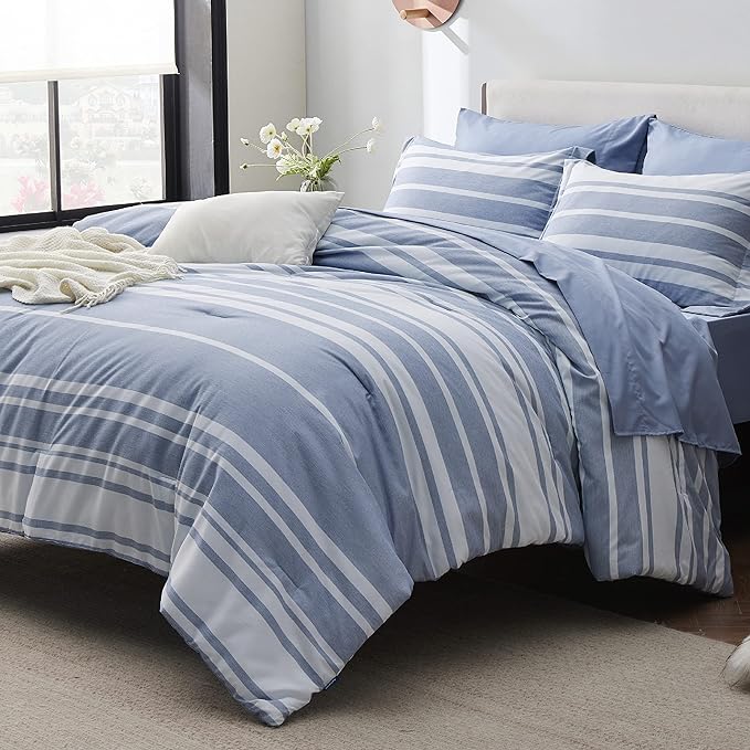 Bedsure Twin Comforter Set 5 Pieces, Blue White Striped Twin Bedding Sets All Season Bed Set, Twin Bed in a Bag with Comforter, Sheets, Pillowcase & Sham
