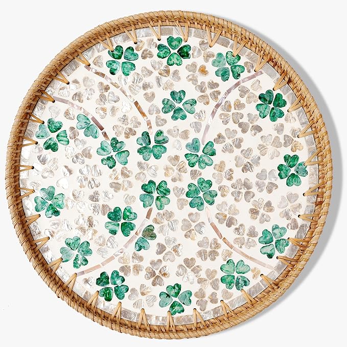 Round Rattan Tray with Mother of Pearl Inlay & Wooden Base - Decorative Wicker Serving Tray for Coffee/Bread/Fruits, Food Storage & Display - Multipurpose Home Decor (M,Four-Leaf Clover)