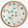 Round Rattan Tray with Mother of Pearl Inlay & Wooden Base - Decorative Wicker Serving Tray for Coffee/Bread/Fruits, Food Storage & Display - Multipurpose Home Decor (M,Four-Leaf Clover)