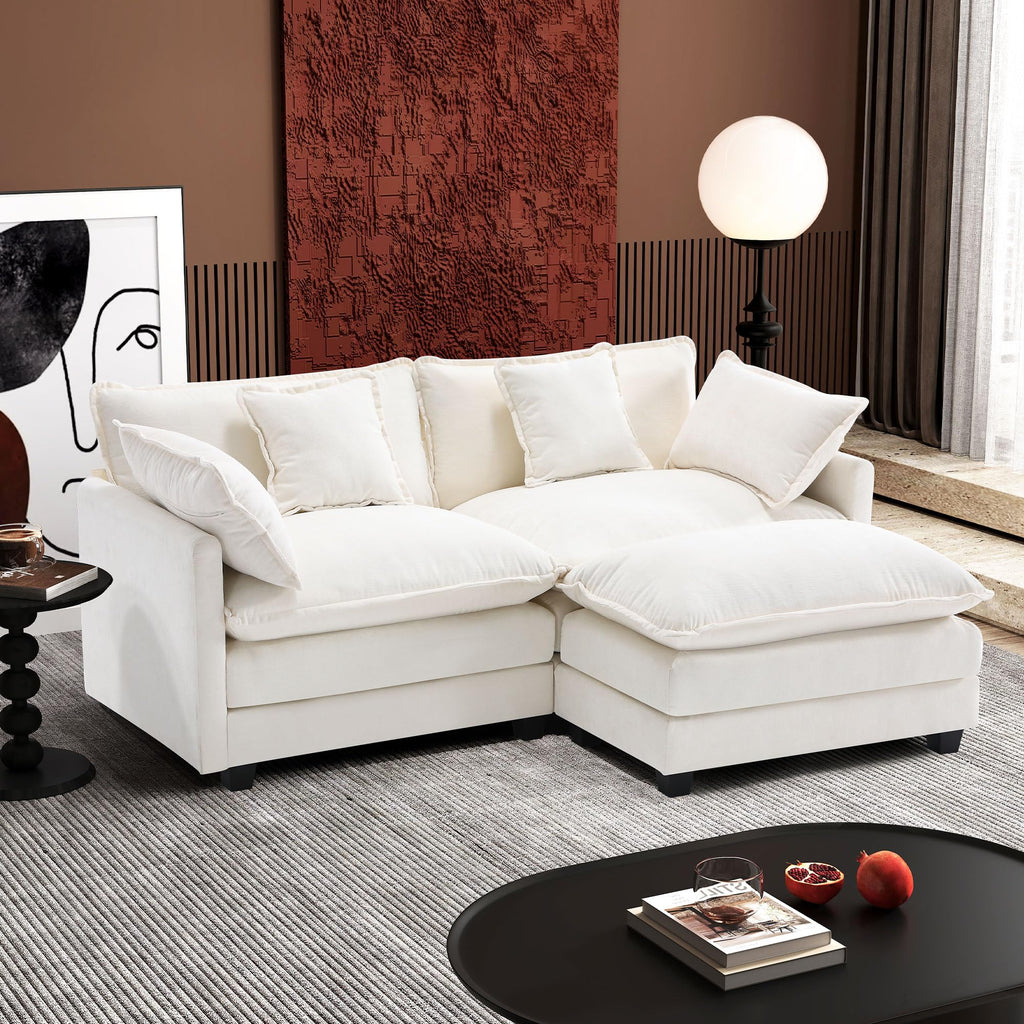 Ihanherry 111.4" L Shaped Modern Sofa Modular Sectional Cloud Couch with Ottoman, 4-Seat Chenille Deep Seat Sofa with Pillow for Living Room, Bedroom and Apartment, Beige