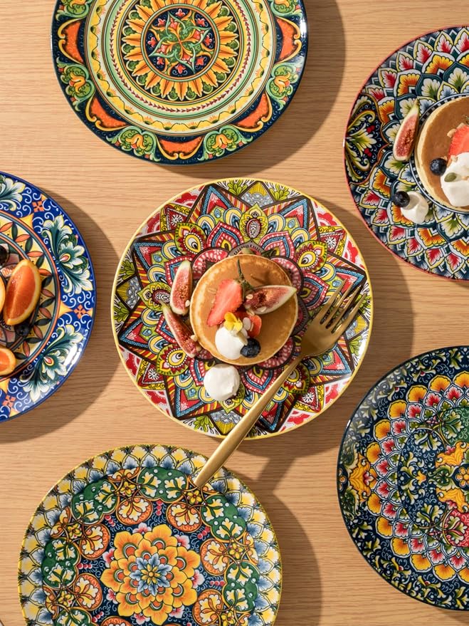 Henten Home Ceramic Dessert Plates Set of 6, 8.5 Inch Porcelain Salad Plate, Colorful Bohemian Style Serving Dishes for Cake, Snack, Appetizer, Decorations, Dishwasher & Microwave Safe