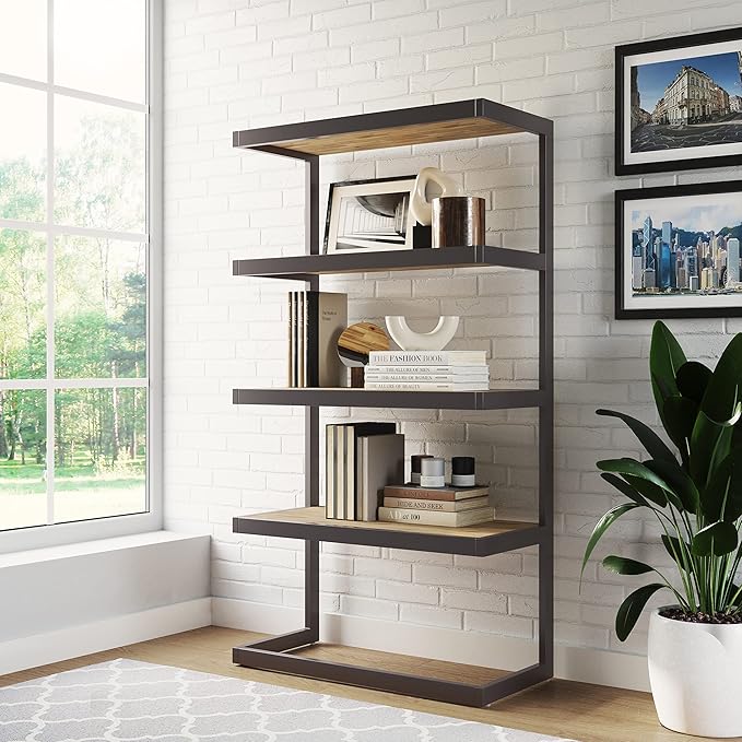 SIMPLIHOME Erina SOLID ACACIA WOOD 36 Inch Rectangle Modern Industrial Bookcase in Distressed Golden Wheat, for The Living Room, Study Room and Office