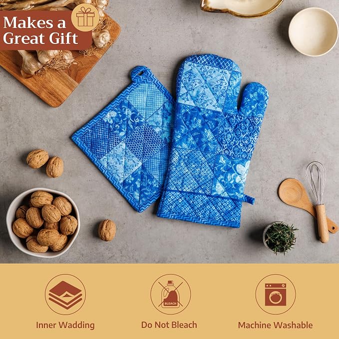 Maison d' Hermine Pot Holders 100% Cotton Potholders (8" x 8", Pack of 1) | Heat Resistant Hot Pads with Loop BBQ Cooking Baking Farmhouse Kitchen Handling Hot Pans Spring Summer - Indigo Love