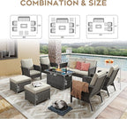 Yechen Patio Conversation Set 9 Seats with 44" Propane Gas Fire Pit Table - 8 Pcs Outdoor Wicker Furniture Set with Lid & Wind Shields - Sectional Sofa Set for Porch,Backyard