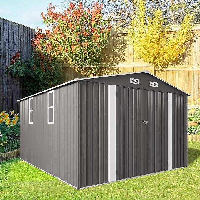 10x12 FT Outdoor Storage Shed,Large Metal Garden Shed with Double Door and Two Windows Waterproof Tool Shed for Backyard Patio Lawn Poolside,Grey