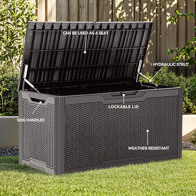 YITAHOME 100 Gallon Large Resin Deck Box Outdoor Storage Boxes for Patio Furniture, Outdoor Cushions, Garden Tools and Pool Supplies-Waterproof,Lockable (Dark Brown)