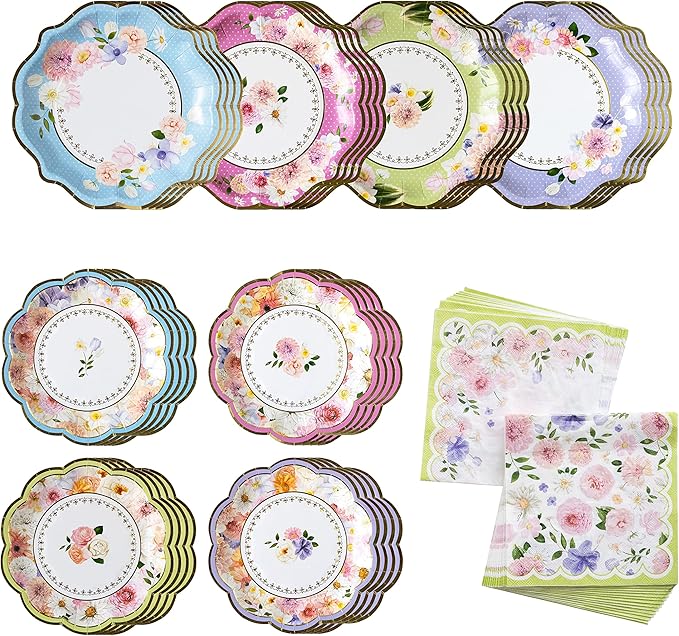Kate Aspen Tea Party Decorations, Colorful Pastel Plates And Napkins Garden Party Supplies for Adults Bridal Showers, Baby Shower Decorations, Birthdays, 62 Pc, 16 Guests
