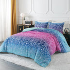 Litanika Galaxy Comforter Twin(66x90lnch), 3 Pieces(1 Blue Glitter Ombre Comforter, 2 Pillowcases), 3D Colorful Rainbow Bedding Set, Microfiber Comforter Set for Kid Boy Girl Teen