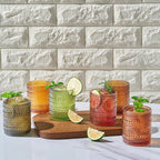 Shades of Summer Set of 6 Luxury Hobnail Drinking Glasses - 11oz Jewel-Toned Vintage Beaded Highball Tumblers - Textured Bubble Glassware Drinks Cocktails & Wine Elegant Boho Home Bar & Dining Décor
