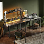 L Shaped Desk Computer Desk with LED Lights & Power Outlets, Gaming Desk with Storage Shelves, Corner Desk Home Office Desks for Bedroom, Grey