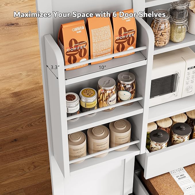 iPormis 71" Tall Kitchen Pantry Storage Cabinet w/Adjustable Shelf, Door Shelves & Large Drawers, Freestanding Kitchen Cupboard for Dining Room/Living Room, White
