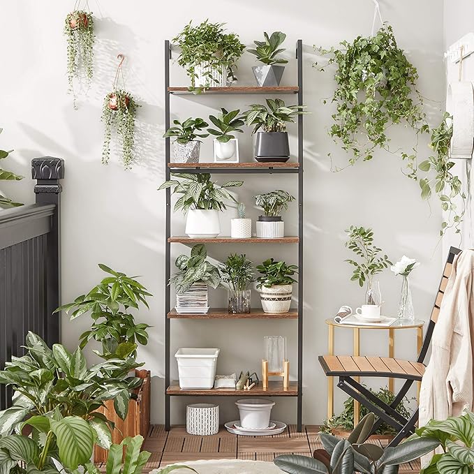 VASAGLE Industrial Ladder Shelf, 5-Tier Bookshelf, Wood Wall Mounted Shelf, Storage Rack Display Shelves for Living Room, Home Office, 23.6 x 11.8 x 67.7 Inches, Rustic Brown and Black ULLS102B01