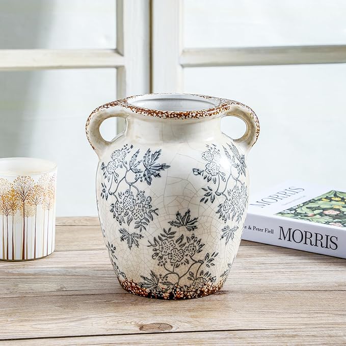 Enra Vintage vase with Handle,Blue and White Ceramic Decorative Flower vase, Chinoiserie Floral Vase,Large Rustic Vases for Home Decors, Living Room, Bookshelf, Office,7.8 in