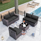 Patio Furniture Set Sofa 6-Pieces Wicker Sectional Sofa Set, Outdoor Furniture Rattan Patio Conversation Set with Thickened Cushion and Glass Coffee Table, Black