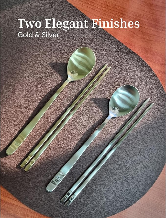 ONGI Korean Spoon and Chopstick 1 Set – Premium 18/10 Stainless Steel – Double Happiness Design – Gift-Ready – Made in Korea – Dishwasher Safe (Hee Pattern Silver 1 Set)