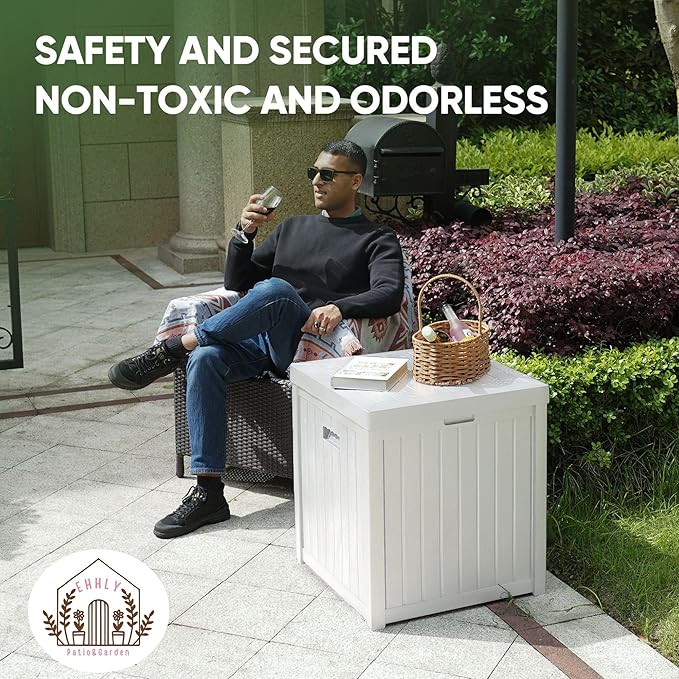 Deck Box, 51 Gallon Front Porch Package Bin Delivery Box for Outside, Small Patio Outdoor Storage Boxes Waterproof, UV Resistant Plastic Resin Pool Storage Bins with lids, White