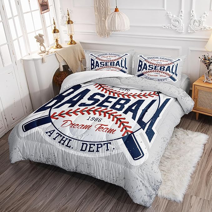 Datura home Baseball Comforter Set Vintage Grey Baseball Printed Quilt Bedding Set with 1 Comforter and 2 Pillowcases for Boys and Girls Bedroom All Season(Baseball Full)