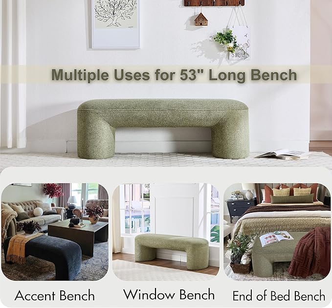 3-Piece 53" Comfy Upholstered Dining Bench with 2 Ottomans, Accent Waterfall Bench Modern End of Bed Entryway Bench Vanity Stool, Green Chenille