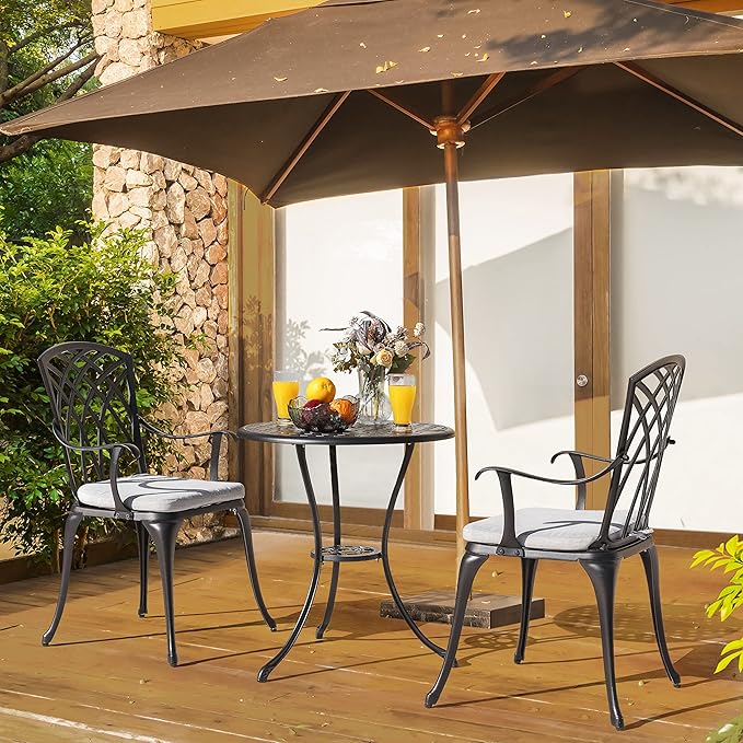 NUU GARDEN Bistro Set 3 Piece Outdoor All Weather Cast Aluminum Patio Bistro Set Patio Table and Chairs Set of 2 with Umbrella Hole and Grey Cushions for Backyard, Balcony, Lawn, Black