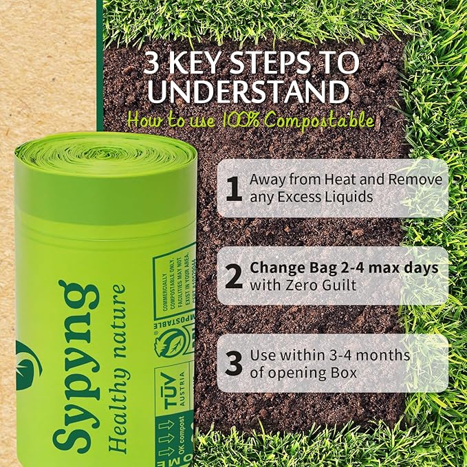 Compostable Kitchen Trash Bags 1,6-2 Gallon (100-Pack) - Heavy-Duty 1.1 Mil, 100% Biodegradable, ASTM D6400, BPI & OK Compost HOME Certified, Eco-Friendly, Leakproof & Odor Control