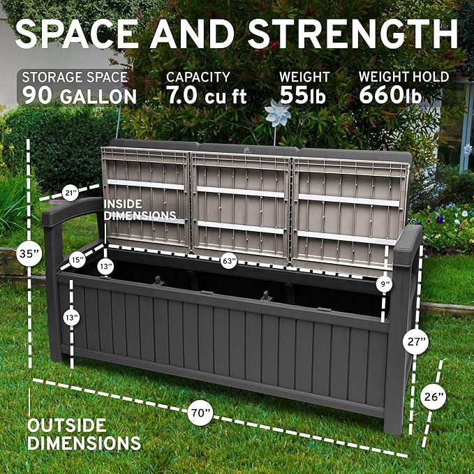 EconoHome 3 Seat Outdoor Storage Bench with Rain Cover - 90 Gallon Capacity - Weatherproof Resin Bench for Patio, Porch, Garden, Yard, Pool Area - Furniture for Pool Accessories, Gardening Tools