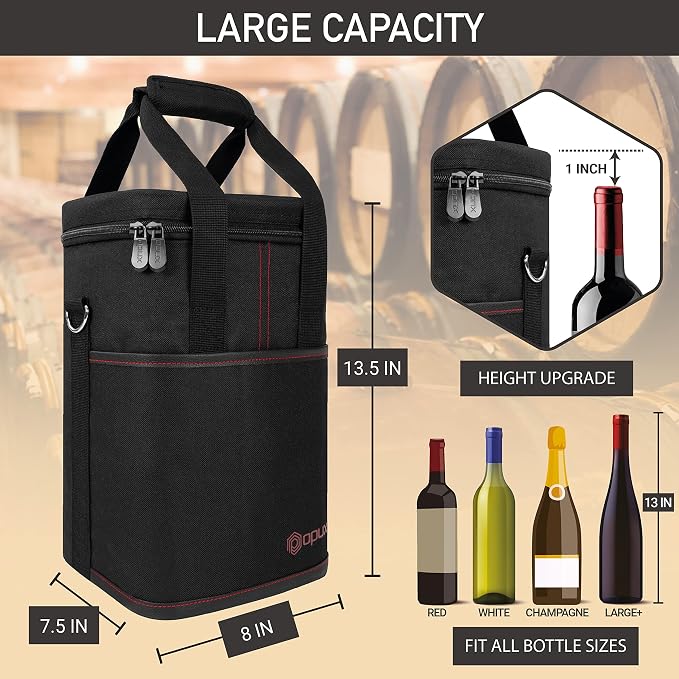 Opux 4 Bottle Insulated Wine Cooler Bag - Leakproof Padded Portable Wine Bottle Carrier for Travel Picnic BYOB Gift (Black)