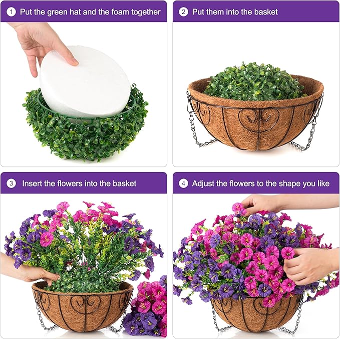 Artificial Faux Hanging Flowers Plants Basket for Spring Summer Outdoors Decoration, Silk Morning Glory with Eucalyptus Look Real UV Resistant Fake Flowers for Outside Porch Patio Balcony Home, Mix