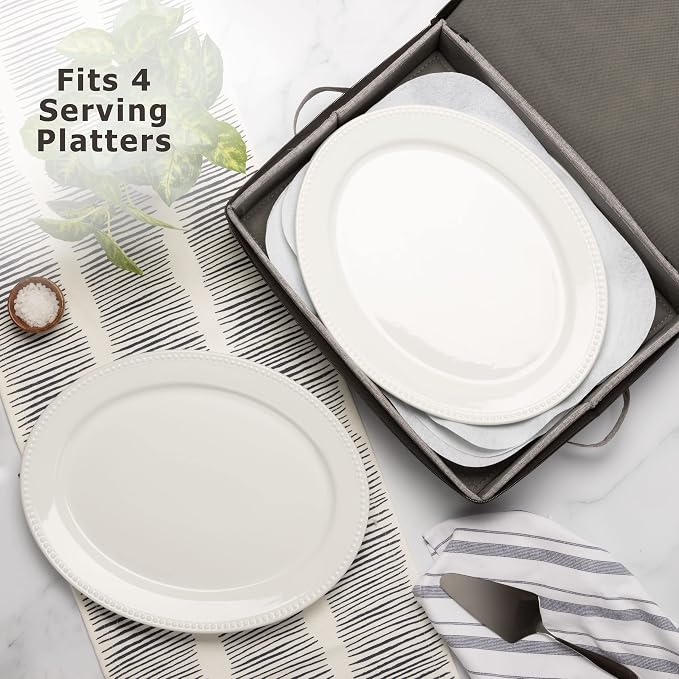 Platter Storage Case - Hard Shell and Stackable with Padded Interior - Fits 4 Serving Platters - 3 Large Felt Dividers Included - 17"W x 13"D x 4"H - China Storage Containers for Plates