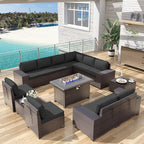 Patio Furniture Sectional Sofa Set 13PCS PE Rattan Patio Conversation Set w/43in Gas Fire Pit Table, Outdoor Furniture with 55000 BTU Propane Fire Pit, Black