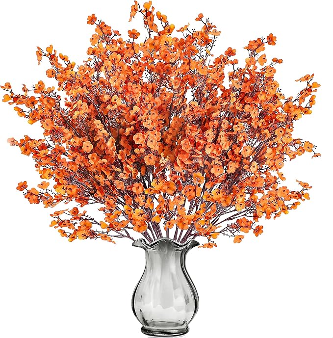 Sggvecsy 15 Pcs Babys Breath Artificial Flowers Gypsophila Bouquets Bulk Real Touch Fake Silk Flowers for Home DIY Floral Arrangement Table Centerpiece Fall Autumn Decoration (Fall Orange)