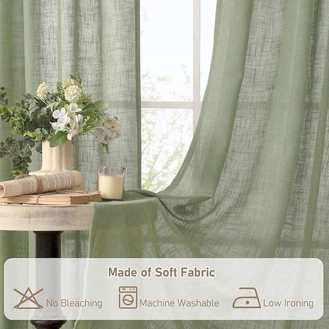 LAMIT Semi Sheer Linen Curtains 36 Inch Length, Light Filtering Panels Bronze Grommet Boho Neutral Christams Window Drapes for Kitchen/Small Windows/Cafe, Sage Green, 34 x 36 Inch, 2 Panels