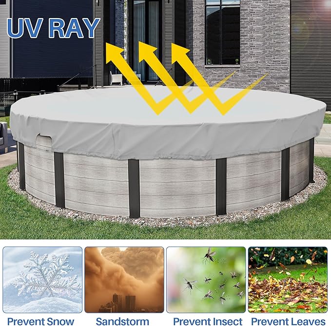 ECOOPTS 12 ft Waterproof Round Polyester Pool Cover for Above Ground Pools, Swimming Pool Cover Protector Winter Safety Cover (Light Grey)