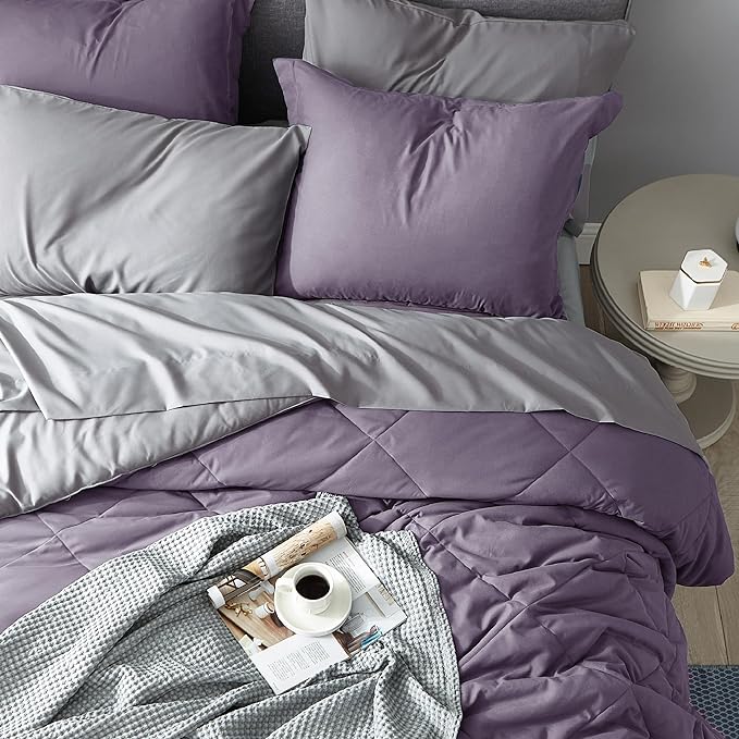 Bedsure Grayish Purple California King Size Comforter Set - 7 Pieces Reversible Cal King Bed in a Bag, Cal King Grayish Purple and Grey Bed Set with Comforters, Sheets, Pillowcases & Shams