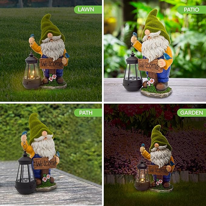 Christmas Garden Gnomes Outdoor - Flocked Gnome Statue Holding Lantern with Solar LED Lights | Gnomes Garden Decorations for Patio, Yard, Lawn Ornaments - Gnome Gifts