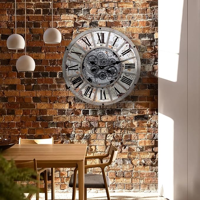 Unique Moving Gear Large Wall Clock 21inch-Battery Powered. Retro Industrial Steampunk Country Farmhouse Decor for The Living Room Kitchen Bars cafes Offices(whith/metal/21)