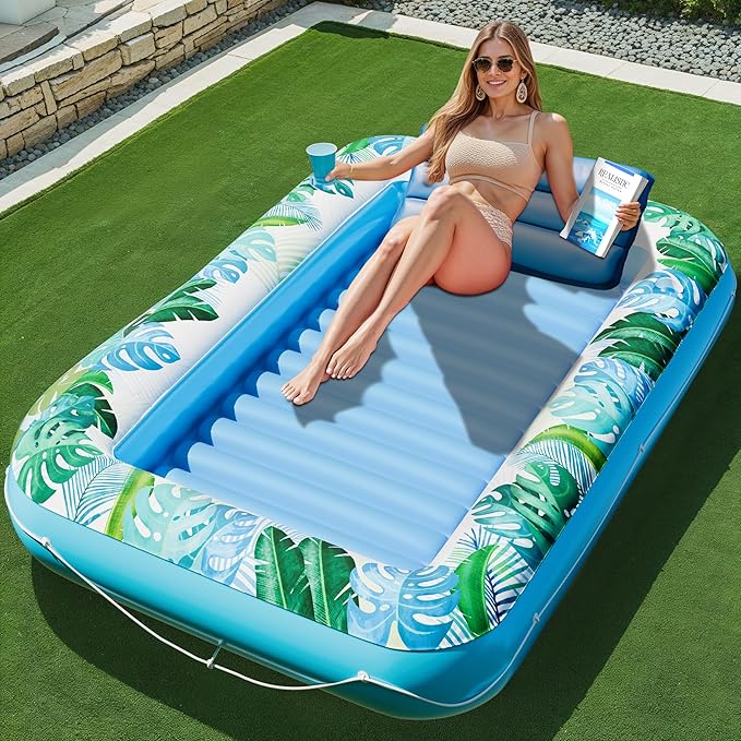JAMBO Inflatable Tanning Pool Lounger Float, 70 x 47 Sun Tanning Pool Float with Pillow, Water Lounge Raft, Pool Floatie for Adults, Tanning Raft Pool Tub, Water Tanning Bed Kiddie Pool Tanning Floats