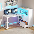 YITAHOME L Shaped Desk with Power Outlets & LED Lights & File Cabinet, 55" Corner Computer Desk with 3 Drawers & 3 Storage Shelves, Home Office Desk with Bookshelf, White
