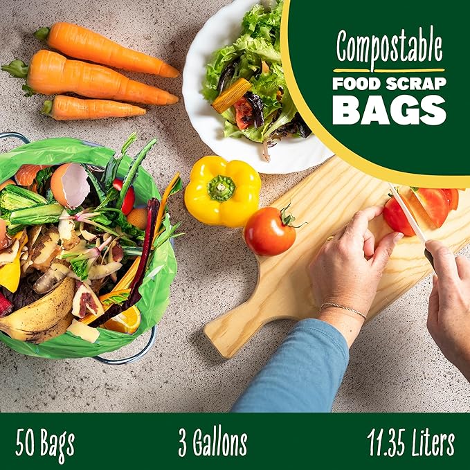2.6-3 Gallon Compostable Trash Bags Drawstring 50 Bags Extra Thick 1 Mil 11.36 Liter Small Biodegradable Trash Bags for Kitchen Countertop Bin ASTM D6400, US BPI and OK Compost Home Certified