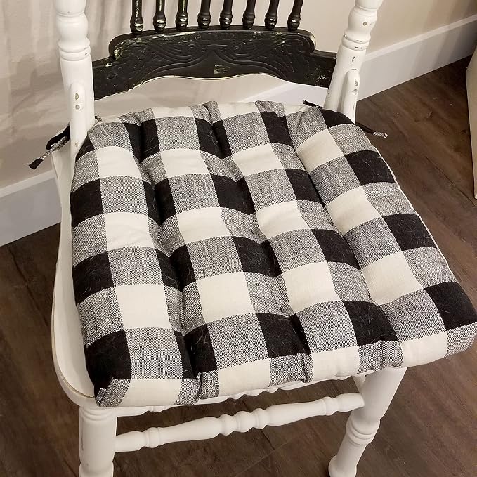 Barnett Home Decor Dining Chair Pad with Ties - Buffalo Check Black & Ivory Size Medium 16.5 x 18 - Latex Foam Filled Cushion, Reversible, Made in USA (Black & White, Medium)…