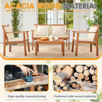 Greesum 4 Piece Bistro Patio Furniture Outdoor Chat Chair Set with Water Resistant Cushions and Coffee Table for Beach Backyard Garden, Acacia Wood