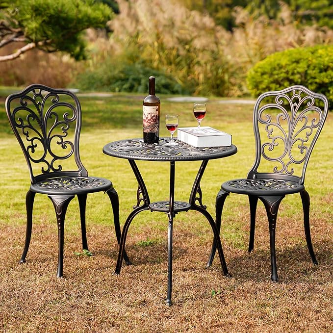 Outdoor Bistro Set 3 Piece Patio Bistro Set with Umbrella Hole, Weather Resistant Bistro Table and Chairs Set of 2 for Porch Garden, Bronze