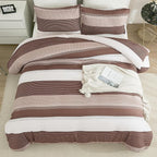 Litanika Brown Comforter Set King - 3 Pieces Lightweight Brown White Colorblock Stripe Fluffy Bedding Comforter Sets, All Season Bed Set
