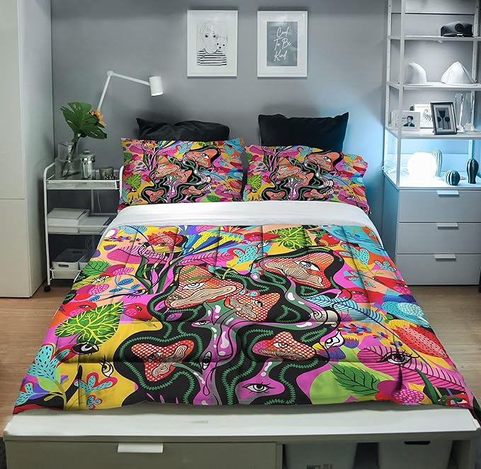 Sunnycitron 3D Colorful Mushroom Comforter set Colorful Mushroom Bedding Full size Mushroom Eyes Pattern Print Comforter Sets- All-Season (1 Comforter + 2 Pillowcases),Easy-Wash Fade Resistant