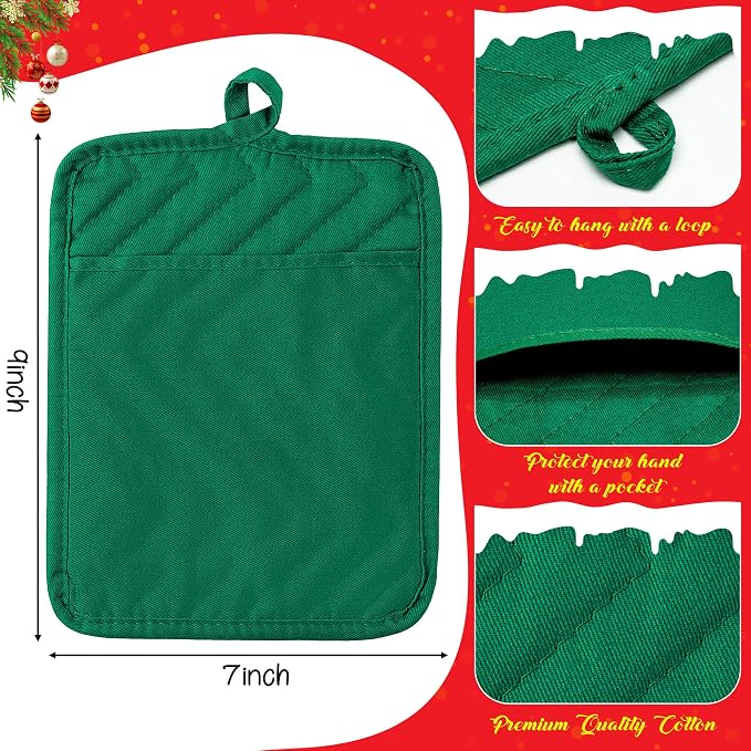 R HORSE 6Pcs Christmas Red Green Potholders with Pockets Baking Cooking Gift Kitchen Cotton Heat Resistant Potholder Machine Washable Hot Pads Oven Mitt Christmas Pot Holder Gift