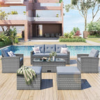 Merax Furniture 6-Piece All-Weather PE Rattan Patio Outdoor Conversation Set with Coffee Table,Wicker Sofas,Ottomans,Removable Cushions,Grey